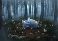 Size: 2894x2039 | Tagged: safe, artist:glumarkoj, oc, oc only, pony, unicorn, bow, curled up, fog, forest, hair bow, high res, lying down, prone, sleeping, solo, spirit, tail, tail bow