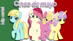 Size: 1280x720 | Tagged: safe, artist:mlpcartel, helia, lily, lily valley, roseluck, sunshine petals, earth pony, pegasus, pony, unicorn, g4, cinco de mayo, female, flower, flower in hair, freckles, looking at you, mare, mexican flag, raised hoof, smiling