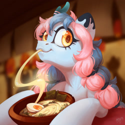 Size: 2048x2048 | Tagged: safe, artist:amishy, oc, oc only, oc:chrysocolla dawn, earth pony, pony, commission, eating, female, food, high res, mare, noodles, pigtails, ramen, slurp, smiling, solo, twintails, ych result