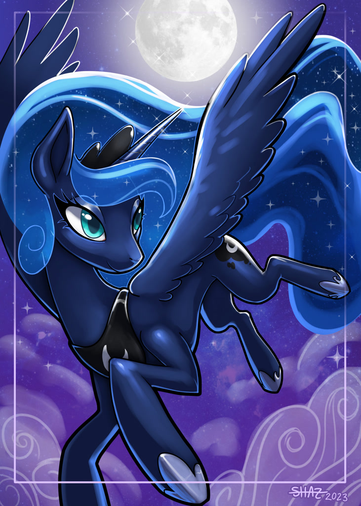 [alicorn,cloud,crown,digital art,eyeshadow,feather,female,flowing mane,flying,horn,jewelry,makeup,mare,moonlight,night,pony,princess luna,safe,signature,sky,solo,tail,wings,regalia,lidded eyes,peytral,blue eyes,blue mane,hoof shoes,smiling,spread wings,blue tail,ethereal tail,artist:shazzykatana,flowing tail]