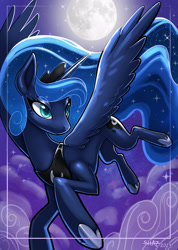 Size: 1622x2272 | Tagged: safe, artist:shazzykatana, princess luna, alicorn, pony, g4, blue eyes, blue mane, blue tail, cloud, crown, digital art, ethereal tail, eyeshadow, feather, female, flowing mane, flowing tail, flying, full moon, hoof shoes, horn, jewelry, lidded eyes, makeup, mare, moon, moonlight, night, peytral, regalia, signature, sky, smiling, solo, spread wings, stars, tail, watermark, wings