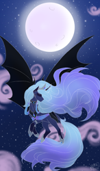 Size: 1668x2854 | Tagged: safe, artist:susiebees, nightmare moon, princess luna, alicorn, pony, g4, bat wings, blue mane, blue tail, cloud, crown, curved horn, digital art, eyes closed, female, flowing mane, flowing tail, flying, gem, high res, hoof shoes, horn, jewelry, mare, moonlight, night, peytral, princess of the night, regalia, signature, sky, solo, spread wings, stars, tail, wings