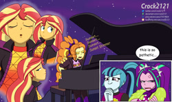 Size: 1280x758 | Tagged: safe, artist:crock2121, adagio dazzle, aria blaze, sonata dusk, sunset shimmer, human, equestria girls, equestria girls specials, g4, my little pony equestria girls: better together, my little pony equestria girls: sunset's backstage pass, aria blaze is not amused, female, geode of empathy, jack black, lesbian, magical geodes, music festival outfit, musical instrument, parody, pathetic, peaches (song), piano, ship:sunsagio, shipper on deck, shipping, super mario bros., the super mario bros. movie, touched, unamused, varying degrees of amusement