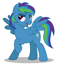 Size: 1280x1384 | Tagged: safe, artist:aleximusprime, oc, oc only, oc:storm streak, pegasus, pony, fanfic:the perfect storm streak, flurry heart's story, male, offspring, older, open mouth, parent:oc:thunderhead, parent:rainbow dash, parents:canon x oc, raised hoof, simple background, solo, spread wings, stallion, transparent background, wings