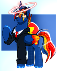 Size: 640x800 | Tagged: safe, artist:diniarvegafinahar, alicorn, pony, asean, clothes, colored wings, glasses, gradient background, gradient wings, magic, magic aura, male, nation ponies, necktie, ponified, raised hoof, solo, stallion, tuxedo, wings