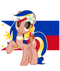 Size: 678x800 | Tagged: safe, artist:diniarvegafinahar, oc, oc only, oc:pearl shine, pegasus, pony, choker, colored wings, female, flag, flower, flower in hair, gradient wings, mare, nation ponies, philippines, ponified, raised hoof, simple background, smiling, solo, stars, white background, wings
