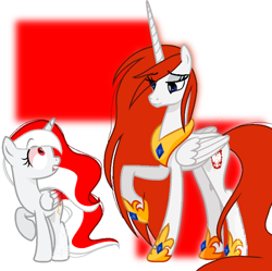 Size: 640x638 | Tagged: safe, artist:diniarvegafinahar, oc, oc only, oc:indonisty, oc:queen poland, alicorn, pony, duo, female, gem, indonesia, jewelry, looking at each other, looking at someone, looking back, mare, nation ponies, poland, ponified, raised hoof, regalia, shrunken pupils