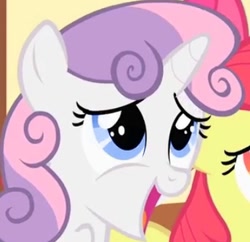 Size: 379x367 | Tagged: safe, edit, edited screencap, screencap, apple bloom, sweetie belle, pony, unicorn, g4, season 1, the cutie mark chronicles, alternate eye color, blue eyes, cropped, female, filly, foal, looking up, solo focus