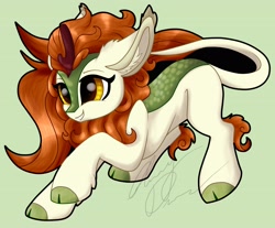 Size: 3435x2841 | Tagged: safe, artist:gleamydreams, autumn blaze, kirin, g4, cloven hooves, ear fluff, female, green background, high res, leonine tail, mare, signature, simple background, smiling, solo, tail