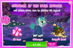 Size: 1957x1301 | Tagged: safe, gameloft, distemper, pony, unicorn, g4, my little pony: magic princess, advertisement, bag, clothes, compass, costs real money, english, facial hair, fishing rod, gem, hat, horn, introduction card, key, male, mobile game, moustache, numbers, sale, saw, shovel, solo, stallion, telescope, text