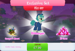 Size: 1268x860 | Tagged: safe, gameloft, distemper, pony, unicorn, g4, my little pony: magic princess, bag, bundle, clothes, compass, costs real money, english, facial hair, fishing rod, gem, hat, horn, key, male, mobile game, moustache, numbers, sale, saw, shovel, solo, stallion, telescope, text