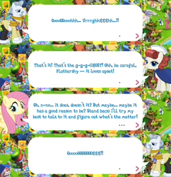 Size: 2045x2115 | Tagged: safe, gameloft, fluttershy, nurse neightingale, earth pony, pegasus, pony, g4, my little pony: magic princess, clothes, dialogue, dialogue box, english, event, facial hair, female, hair tie, hat, high res, male, mare, medal, mobile game, moustache, pants, speech bubble, stallion, text, unnamed character, unnamed pony