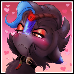 Size: 1030x1027 | Tagged: safe, artist:brainiac, oc, oc only, oc:heccin pepperino, kirin, blushing, chilli, collar, conflicted, cute, cute little fangs, fangs, female, food, gradient background, heart, icon, ocbetes, solo, unsure