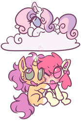 Size: 800x1200 | Tagged: safe, artist:cutiesparke, apple bloom, scootaloo, sweetie belle, pegasus, pony, unicorn, g4, alternate universe, belly, blushing, bow, cloud, coat markings, cutie mark crusaders, ear fluff, excited, eye clipping through hair, female, filly, foal, hair bow, horn, kerchief, lightly watermarked, looking at you, lying down, lying on a cloud, no pupils, on a cloud, pegasus sweetie belle, race swap, simple background, sitting, socks (coat markings), sparking horn, spread wings, teasing, transparent background, trio, unicorn scootaloo, watermark, wings