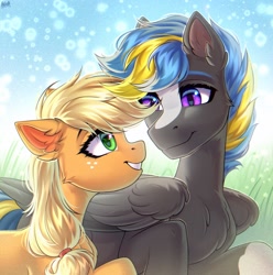 Size: 2800x2820 | Tagged: safe, artist:hakaina, applejack, oc, oc:tornado turbulence, earth pony, pegasus, pony, g4, chest fluff, duo, ear fluff, high res, looking at each other, looking at someone