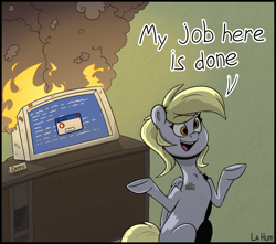 Size: 2306x2042 | Tagged: safe, artist:la hum, derpy hooves, pegasus, pony, g4, blue screen of death, computer, cyrillic, derp, derpy being derpy, error, female, fire, high res, i just don't know what went wrong, mare, milestone, name tag, russian, shrug, smoke, solo