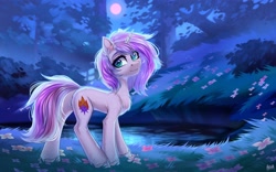 Size: 3100x1938 | Tagged: safe, artist:hakaina, oc, oc only, oc:marvelous mane, pony, unicorn, chest fluff, ear fluff, flower, forest, moon, night, pond, solo, water