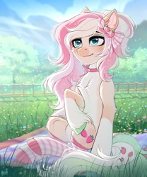 Size: 2500x3000 | Tagged: safe, artist:hakaina, oc, oc only, earth pony, pony, belly, chest fluff, clothes, concave belly, female, fence, field, flower, flower field, fluffy, high res, hoof fluff, mare, outdoors, picnic blanket, sitting, slender, socks, solo, striped socks, thin, tree, unshorn fetlocks