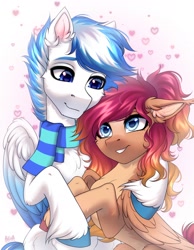 Size: 2100x2700 | Tagged: safe, artist:hakaina, oc, oc only, oc:nova rossi, oc:saphirblau, pegasus, pony, clothes, duo, ear fluff, high res, scarf, striped scarf, unshorn fetlocks