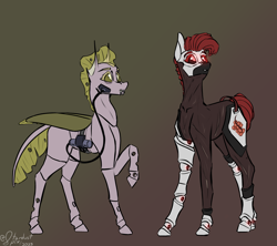 Size: 3600x3200 | Tagged: safe, artist:stardustspix, oc, oc only, oc:apocrita, oc:damascene, changeling, earth pony, pony, amputee, bags under eyes, black coat, changeling oc, duo, earth pony oc, female, gradient background, high res, mare, pink coat, prosthetic eye, prosthetic limb, prosthetics, raised hoof, red and black oc, red eyes, red mane, scar, sternocleidomastoid, yellow changeling, yellow eyes