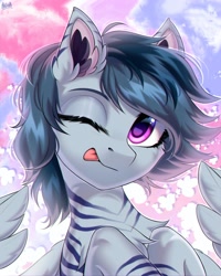 Size: 2000x2500 | Tagged: safe, artist:hakaina, oc, oc only, pegasus, pony, :p, bust, colored ear fluff, ear fluff, ear markings, high res, looking at you, one eye closed, solo, stripes, tongue out