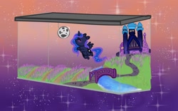 Size: 1920x1200 | Tagged: safe, artist:nootaz, princess luna, alicorn, pony, g4, blushing, bridge, castle, commission, cute, eyes closed, female, flying, gradient background, lunabetes, mare, micro, river, smol, solo, water, ych result