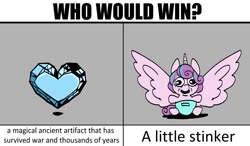 Size: 1014x592 | Tagged: safe, artist:balileart, princess flurry heart, alicorn, pony, g4, the crystalling, baby, baby pony, crystal heart, female, filly, foal, grayscale, meme, solo, spread wings, text, who would win, wings