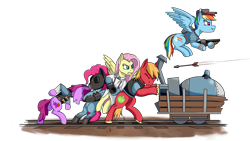 Size: 4000x2250 | Tagged: safe, artist:enteryourponyname, earth pony, pegasus, pony, angry, arrow, clothes, crossover, demoberry, fluttermedic, gas mask, gun, heavy mac, mask, payload cart, pinkie pyro, ponified, pushing, railroad, rainbow scout, shotgun, simple background, team fortress 2, transparent background, weapon