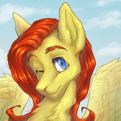 Size: 1600x1600 | Tagged: safe, artist:baobabguy, oc, oc:cordylight, pegasus, pony, bust, looking at you, one eye closed, portrait, solo, spread wings, wings, wink