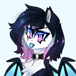Size: 1500x1500 | Tagged: safe, artist:star_theft, oc, oc only, oc:neo starstorm, bat pony, pony, bat pony oc, blue tongue, bust, chest fluff, choker, female, googly eyes, simple background, solo, tongue out, white background