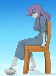 Size: 2089x2842 | Tagged: safe, alternate version, artist:batipin, maud pie, human, equestria girls, g4, barefoot, breasts, busty maud pie, chair, feet, female, high res, rock, sitting, solo