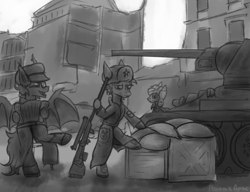Size: 2925x2250 | Tagged: safe, artist:ashel_aras, bat pony, earth pony, pony, accordion, armor, black and white, box, building, gray background, grayscale, gun, hat, high res, monochrome, musical instrument, rifle, simple background, t-34, tank (vehicle), victory day, weapon, world war ii