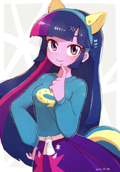 Size: 2100x3000 | Tagged: safe, artist:fuyugi, twilight sparkle, human, equestria girls, g4, my little pony equestria girls, breasts, clothes, female, high res, looking at you, skirt, smiling, solo, sweater, wondercolt ears, wondercolt tail