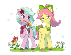 Size: 3000x2300 | Tagged: safe, artist:fuyugi, dahlia, posey bloom, earth pony, pony, g5, adoraposey, adordahlia, blushing, bow, coat markings, cute, duo, flower, flower in hair, hair bow, high res, jewelry, necklace, open mouth, open smile, posey bloom is not amused, posey can't catch a break, simple background, smiling, socks (coat markings), tail, tail bow, unamused, unshorn fetlocks, white background