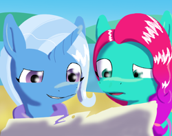Size: 1280x1012 | Tagged: safe, artist:php176, derpibooru exclusive, jazz hooves, trixie, earth pony, pony, unicorn, g4, g5, beach, cape, clothes, confused, cute, diatrixes, duo, duo female, female, grin, happy, jazzibetes, lineless, map, mare, one year later, open mouth, redraw, shading, smiling, smirk, trixie's cape, water
