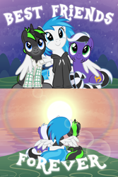 Size: 3327x4970 | Tagged: safe, artist:lightning stripe, derpibooru exclusive, oc, oc only, oc:lightning stripe, oc:snow fury, oc:vortex zero, earth pony, pegasus, pony, unicorn, g4, 2023, black, black and white mane, black coat, black hair, black mane, blue, blue eyes, blue hair, blue mane, buttons, clothes, commission, crying, cute, cuteness overload, eyelashes, female, front view, gradient hooves, green, green eyes, green mane, hoodie, horn, hug, lens flare, lying down, makeup, male, mare, not vinyl scratch, ocbetes, ocean, on side, purple coat, rear view, shirt, show accurate, sitting, sky, socks, stallion, stars, striped socks, stripes, sun, sundog, sunset, tail, tears of joy, text, trio, two toned mane, two toned tail, vector, water, watermark, white, white coat, wholesome, winghug, wings