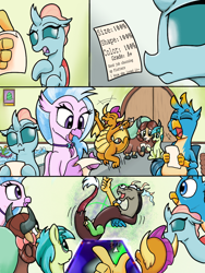 Size: 768x1024 | Tagged: safe, artist:doomfister, artist:mrleft, discord, gallus, ocellus, sandbar, silverstream, smolder, yona, changedling, changeling, draconequus, dragon, earth pony, griffon, hippogriff, pony, yak, series:school snacks, g4, comic, female, grades, implied fluttershy, implied vore, male, story in the source, student six, vore