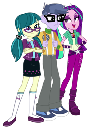 Size: 656x927 | Tagged: safe, artist:kimberlythehedgie, artist:mixiepie, artist:skyfallerart, edit, aria blaze, juniper montage, micro chips, human, equestria girls, equestria girls specials, g4, my little pony equestria girls: movie magic, my little pony equestria girls: rainbow rocks, ariachips, backpack, boots, clothes, crossed arms, female, gem, glasses, high heel boots, kneesocks, male, microjuniper, pants, pigtails, shipping, shoes, simple background, siren gem, skirt, smiling, socks, straight, transparent background, trio, twintails, vector