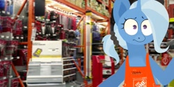 Size: 1551x774 | Tagged: safe, artist:c4n4ry0nl1n3, trixie, pony, unicorn, g4, alternate hairstyle, apron, clothes, concerned, frown, hair ribbon, home depot, ponytail, ribbon, selfie, solo
