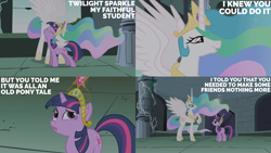 Size: 2000x1125 | Tagged: safe, edit, edited screencap, editor:quoterific, screencap, princess celestia, twilight sparkle, alicorn, pony, unicorn, friendship is magic, g4, big crown thingy, castle of the royal pony sisters, element of magic, jewelry, regalia, unicorn twilight