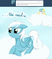 Size: 1280x1446 | Tagged: safe, artist:ask-fleetfoot, fleetfoot, oc, oc:tracy flash, pony, g4, ask-fleetfoot, camera, cloud, floppy ears, lying down, prone