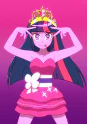 Size: 2894x4093 | Tagged: safe, artist:haibaratomoe, twilight sparkle, human, equestria girls, equestria girls (movie), g4, ai hoshino, anime reference, bare shoulders, big crown thingy, cutie mark eyes, element of magic, fall formal outfits, female, gradient background, jewelry, looking at you, oshi no ko, regalia, sleeveless, solo, starry eyes, strapless, tongue out, twi hoshino, wingding eyes