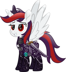 Size: 5808x6371 | Tagged: safe, artist:php178, artist:vector-brony, oc, oc only, oc:blackjack, alicorn, cyborg, pony, unicorn, fallout equestria, fallout equestria: project horizons, .svg available, 2019, 2023, absurd resolution, armor, artificial alicorn, colored pupils, cyber eyes, cyber legs, cybernetic legs, cyberpunk, delta pipbuck, eclipse, fanfic art, feathered wings, female, grin, happy, highlights, iconian armor, iconium, level 5 (iconium) (project horizons), lidded eyes, looking at something, looking forward, lunar eclipse, mare, moonlight eclipse (project horizons), movie accurate, rapier, redesign, redraw, remastered, show moviefied, simple background, smiling, solo, spread wings, standing, svg, sword, transparent background, upgrade, vector, weapon, wings