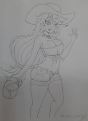 Size: 1680x2305 | Tagged: safe, artist:katanis, applejack, human, equestria girls, g4, belly button, big breasts, breasts, bucket, busty applejack, female, floating heart, grayscale, hat, heart, midriff, monochrome, motion lines, one eye closed, peace sign, solo, traditional art, wink
