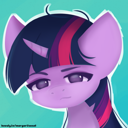 Size: 2000x2000 | Tagged: safe, artist:margaritaenot, twilight sparkle, pony, unicorn, g4, blue background, bust, curved horn, high res, horn, portrait, simple background, solo, tired