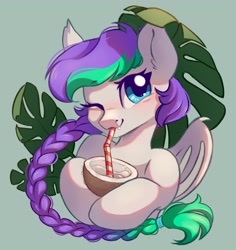 Size: 2778x2948 | Tagged: safe, artist:melodylibris, oc, oc only, oc:lony, bat pony, pony, bat pony oc, blushing, braid, coconut cup, cute, drinking, drinking straw, female, green background, high res, hoof hold, leaf, looking at you, mare, ocbetes, simple background, smiling, smiling at you, solo