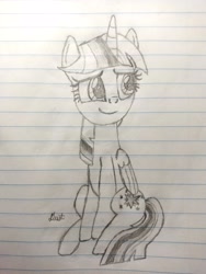Size: 2448x3264 | Tagged: safe, artist:twiny dust, derpibooru exclusive, twilight sparkle, alicorn, pony, g4, female, high res, lined paper, mare, pencil drawing, sitting, smiling, solo, traditional art, twilight sparkle (alicorn)