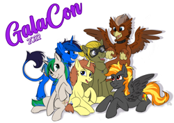 Size: 3508x2480 | Tagged: artist needed, safe, oc, oc:bluethecake, oc:digidash, oc:donnik, oc:grimvale, oc:star logic, oc:sugar pie, earth pony, griffon, pegasus, pony, unicorn, galacon, 2022, galacon 2022, group hug, high res, hug, male, simple background, stallion, white background