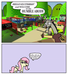 Size: 2382x2598 | Tagged: safe, artist:punkittdev, discord, fluttershy, pegasus, pony, g4, comic, dialogue, duo, duo male and female, female, high res, male, mare, mario kart, mixed media, speech bubble, team fortress 2, team fortress map