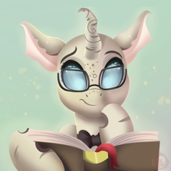 Size: 1000x1000 | Tagged: safe, artist:joaothejohn, oc, oc:tree, changeling, pony, book, bowtie, buggo, bust, changeling oc, commission, cute, cuteling, horn, looking down, male, portrait, reading, simple background, solo